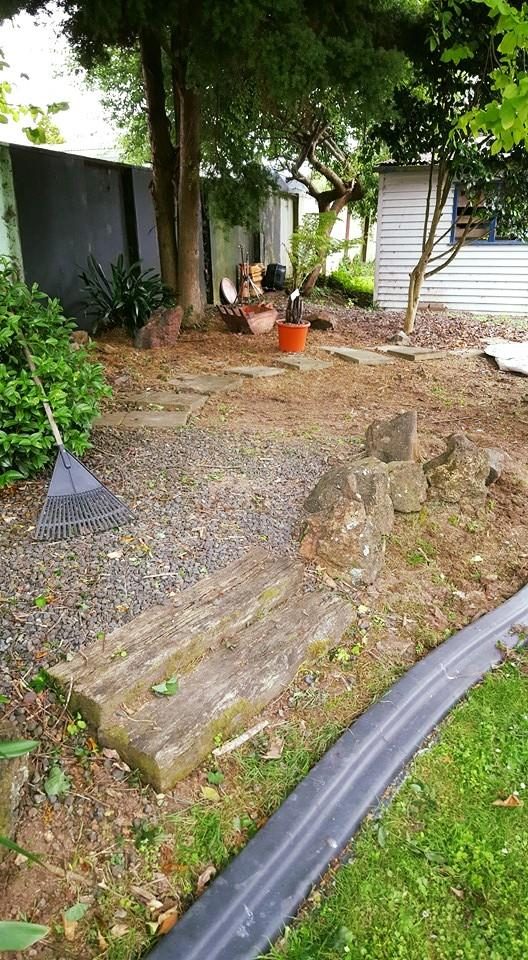 A raked gravel garden path with sleepers and rocks, a rake resting against a tree